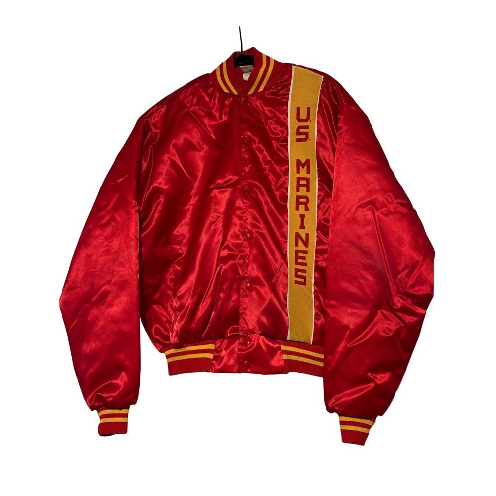 Vintage 80s Soffe US Marines Satin Bomber Jacket L Red Varsity USA USMC
